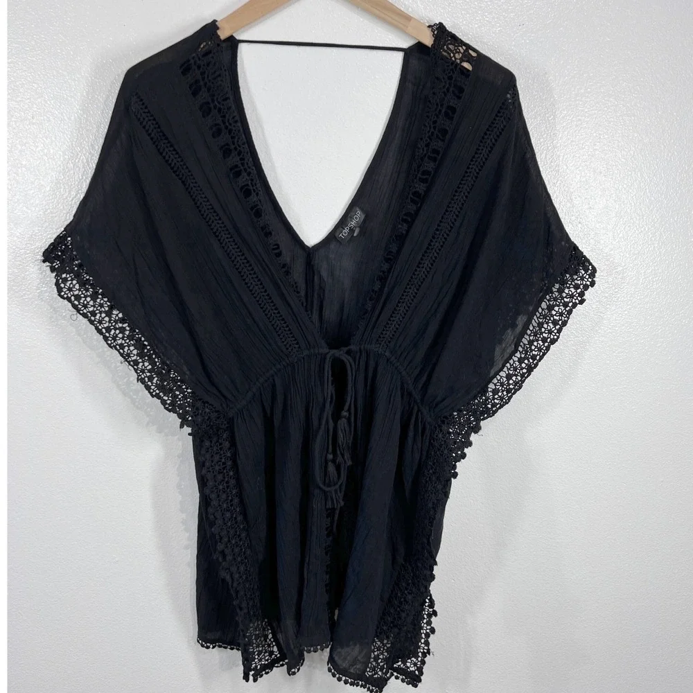 Topshop Black Crochet‎ Lace Trim Kaftan Swim Cover Up Beach Resort Wear Medium
